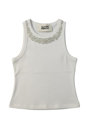 Top bianco a coste senza maniche con scollo tondo adornato da due file di perle decorative, etichettato Silvian Heach.