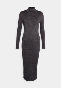 Robe à manches longues et col montant en tissu côtelé violet foncé avec fils métalliques, silhouette ajustée et longueur mi-mollet. Texture lisse, coupe près du corps.