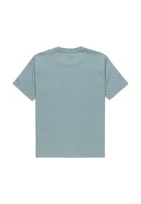Lys blå kortærmet t-shirt, lavet af bomuldsstof, rund halsudskæring, ensfarvet tekstur, ingen synlige logoer eller mønstre, vist fra bagud.