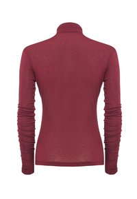 Bordeauxrotes Langarmoberteil mit hohem Kragen, figurbetonter Form und gerafften Details an den Ärmeln, hergestellt aus weichem, dehnbarem Stoff.