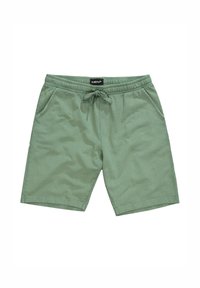 Pantaloni corti in cotone verde con vita elasticizzata, cordino regolabile, tasche laterali e taglio rilassato. Texture morbida senza motivi visibili.