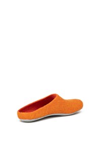 Felt slippers in bright orange with a wool texture and a red lining. Features a low heel and gray outsole for comfort and durability.