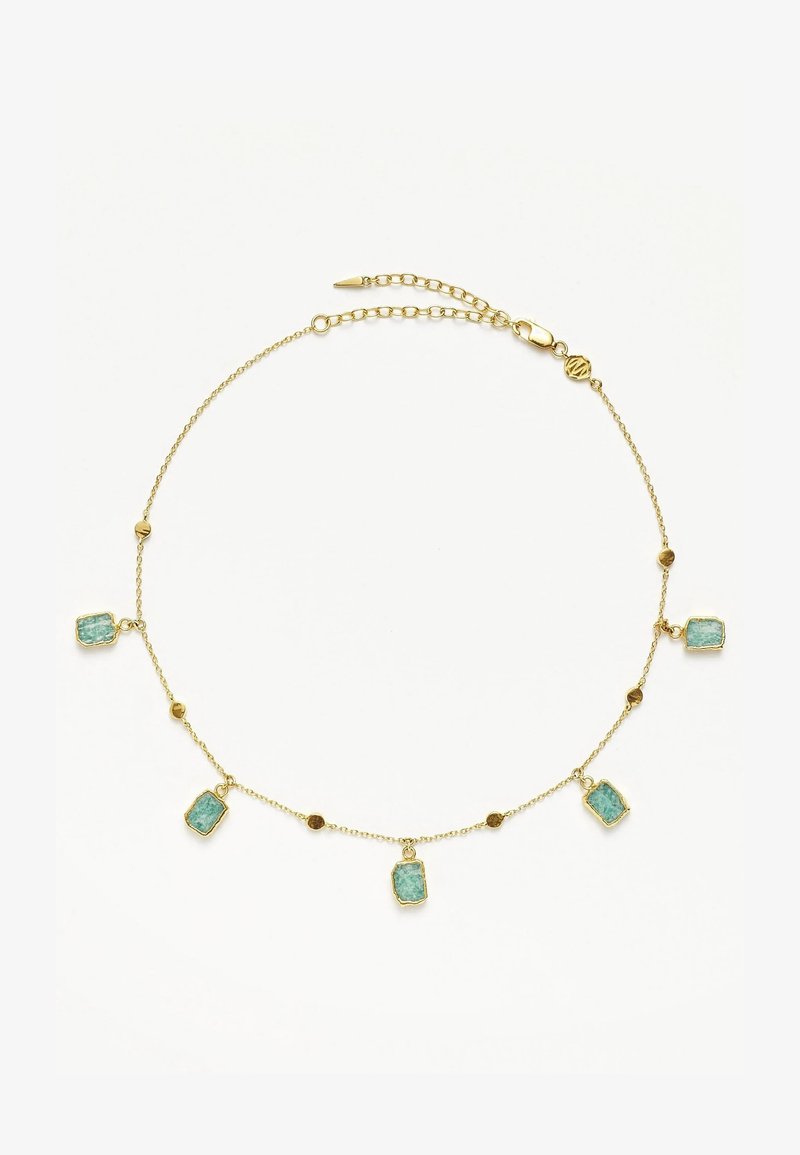 Colier din aur cu cinci pietre rectangulare de culoare verde-albastruie, având mărgăritare rotunde decorative mici distribuite pe lanț.