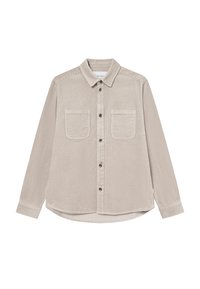 Beige kordflorskjorta med långa ärmar, krage, två bröstfickor och rundad nederkant. Knappstängning och texturerad tyg.