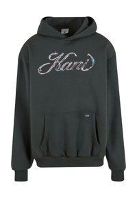 Dark green hoodie made of soft fabric featuring a large embroidered "Kari" graphic with multicolored accents and a front pocket.