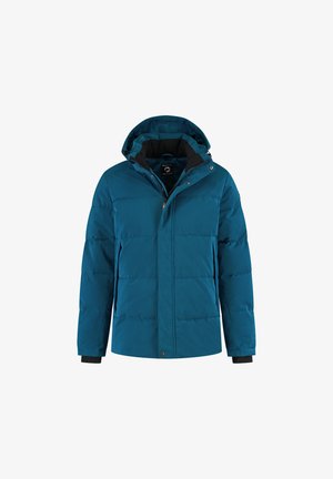 Chaqueta de invierno aislante de color azul verdoso con capucha, cremallera frontal con botones a presión y puños interiores negros.