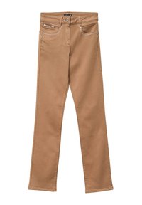 Pantaloni in cotone beige con vestibilità slim. Presentano tasche frontali, cuciture decorative e una tasca con zip sul lato destro. Orlo semplice.
