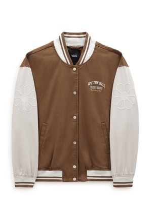 Brązowa i beżowa kurtka varsity z zatrzaskami, pasiastym kołnierzem i mankietami, kwiatowym haftem na rękawach oraz napisem „Off The Wall Vans 1966” na piersi.