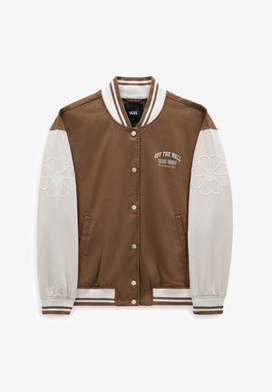 Chaqueta varsity marrón y beige con botones a presión, cuello y puños a rayas, bordado floral en las mangas y texto "Off The Wall Vans 1966" en el pecho.