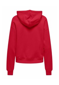 Sweatshirt à capuche rouge avec des manches longues, des poignets côtelés et une taille côtelée, présenté de dos sur un fond blanc.