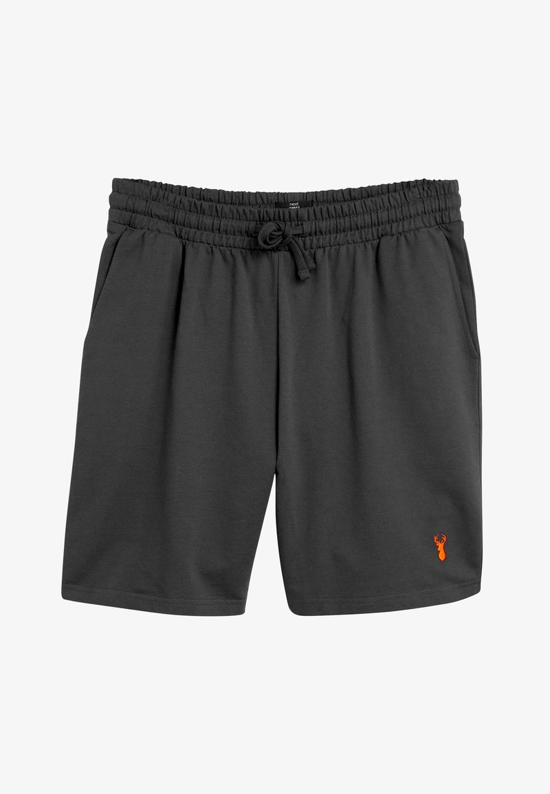 Szare szorty sportowe wykonane z miękkiego materiału. Posiadają elastyczny pas z troczkiem, dwie boczne kieszenie oraz małe pomarańczowe logo.