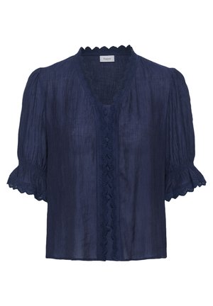 Bluza cu mâneci scurte, albastru închis, cu dantelă valurită pe guler, față și manșetele mânecilor, având un material texturat și detalii cu nasturi.