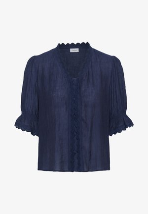 Tumesinist lühikeste varrukatega pluus, millel on krae, esiosa ja varrukaääred kaunistatud lainelise pitsiäärega, tekstuurse kangaga ja nööpide detailidega.