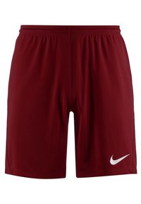 Pantalones cortos deportivos rojos de tejido ligero. Cuentan con una cinturilla elástica y un logo de Nike blanco en la parte inferior de la pierna derecha.