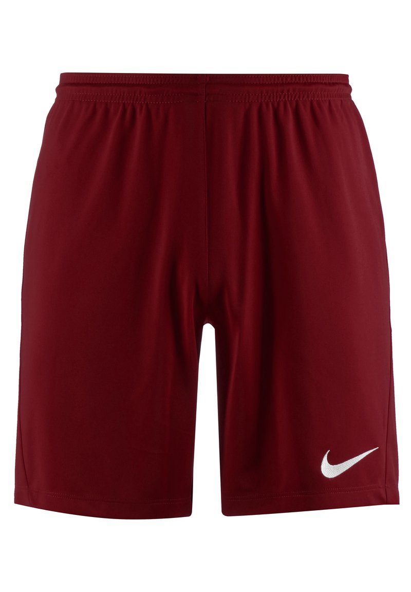 Pantalones cortos deportivos rojos de tejido ligero. Cuentan con una cinturilla elástica y un logo de Nike blanco en la parte inferior de la pierna derecha.