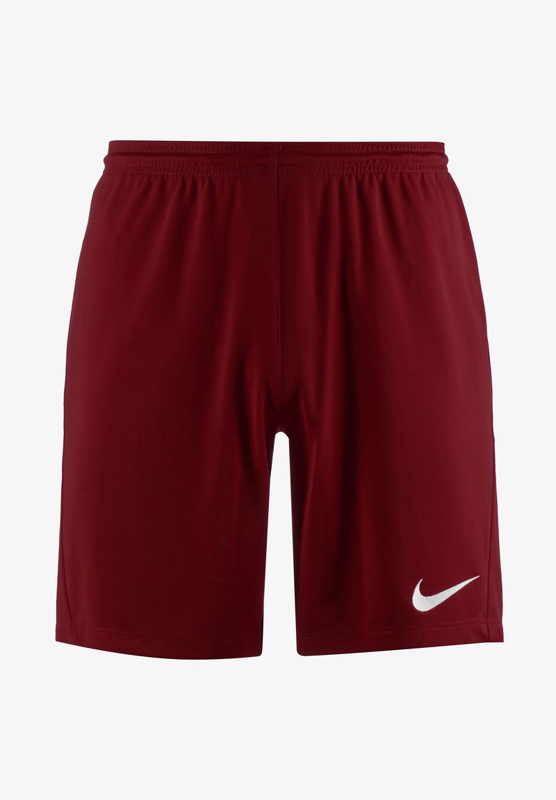 Pantalones cortos deportivos rojos de tejido ligero. Cuentan con una cinturilla elástica y un logo de Nike blanco en la parte inferior de la pierna derecha.