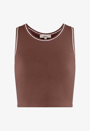 Top corto marrone a coste senza maniche con bordo bianco sullo scollo e sulle asole, taglia piccola, etichetta visibile all'interno del colletto.