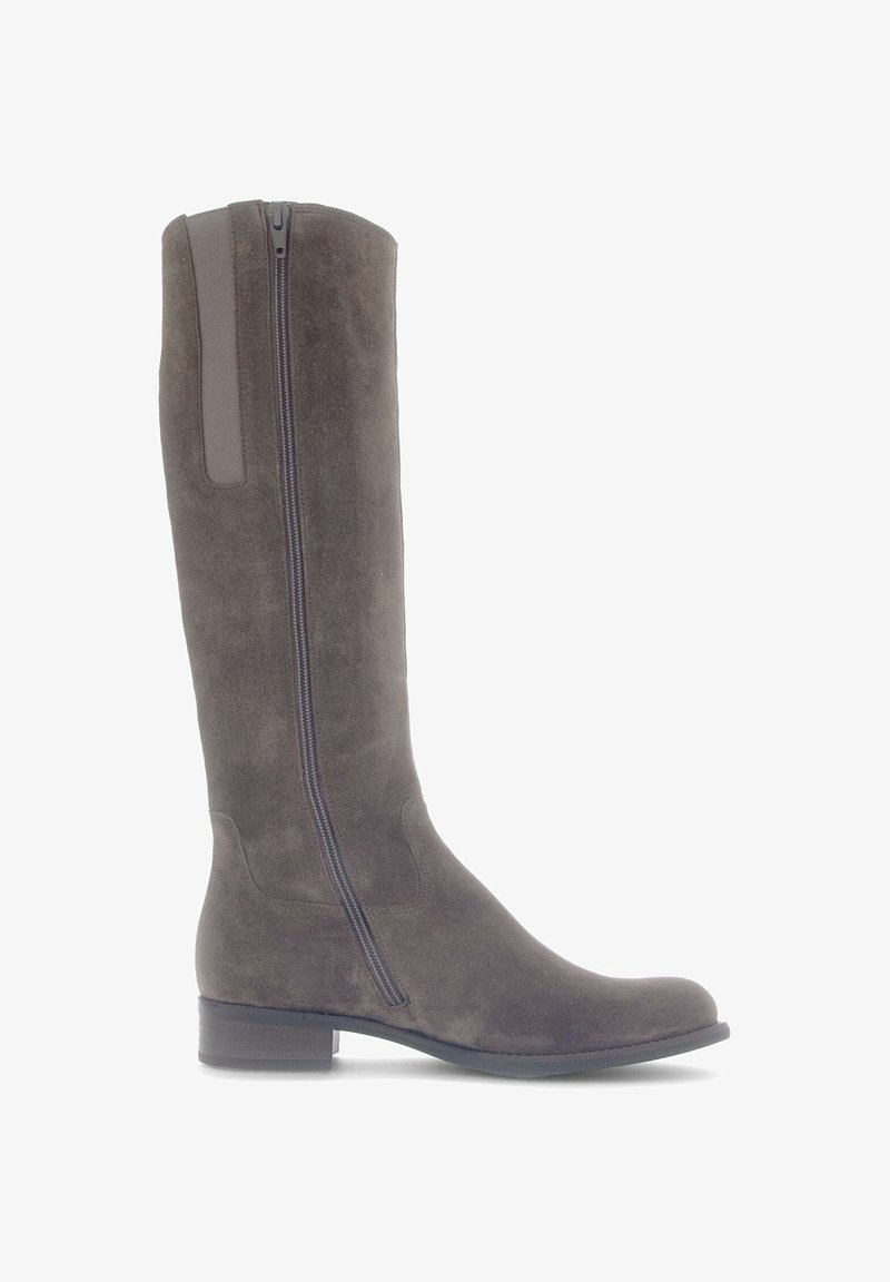 Wildleder-Stiefel in Dunkelgrau bis zum Knie mit einem seitlichen Reißverschluss, moderatem Absatz, glatter Textur und minimalen Nähdetails. Klassisches und schlankes Design.