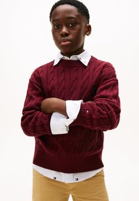 Maglione a trecce bordeaux sopra una camicia bianca a righe, con polsini abbottonati e un accento con logo. Abbinato a pantaloni di un leggero color beige.