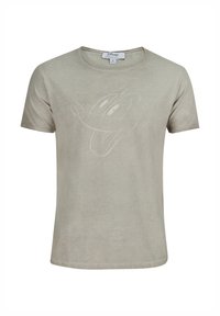 Camiseta de algodón gris claro con cuello redondo y mangas cortas, que presenta un diseño impreso tonal sutil de la cara de un personaje de dibujos animados.