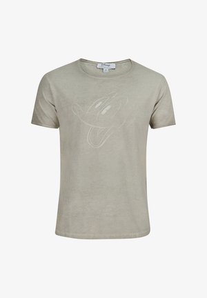 Camiseta de algodón gris claro con cuello redondo y mangas cortas, que presenta un diseño impreso tonal sutil de la cara de un personaje de dibujos animados.