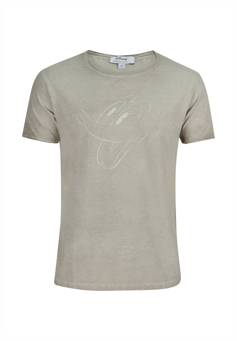 Camiseta de algodón gris claro con cuello redondo y mangas cortas, que presenta un diseño impreso tonal sutil de la cara de un personaje de dibujos animados.