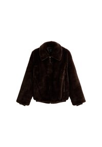 Giacca in pelliccia sintetica marrone scuro con zip frontale completa e ampio colletto, maniche lunghe e orlo leggermente elasticizzato.