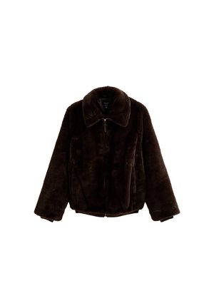 Giacca in pelliccia sintetica marrone scuro con zip frontale completa e ampio colletto, maniche lunghe e orlo leggermente elasticizzato.