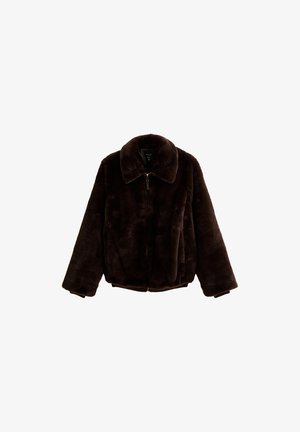 Giacca in pelliccia sintetica marrone scuro con zip frontale completa e ampio colletto, maniche lunghe e orlo leggermente elasticizzato.