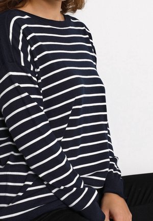 Marineblauwe en witte gestreepte trui met een ronde halslijn, lange mouwen en geribbelde manchetten. Gemaakt van zacht materiaal, met een relaxte pasvorm.