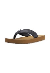 Sort flip-flop sandal med en tekstureret rem og en brun, tyk skumsål. Har et logo på remmen og en let buet form.