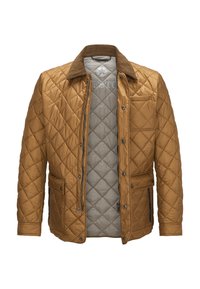 Gepolsterte Jacke in Goldbraun mit Cordkragen, grauer Fütterung, zwei Seitentaschen und gestepptem Rautenmuster.