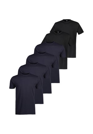 Pakke med seks ensfarvede crewneck-T-shirts i sort og mørk marineblå, arrangeret i forskudte rækker på en hvid baggrund.
