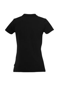 Zwarte poloshirt met korte mouwen, klassieke kraag en een gladde structuur. Voorzien van een groene label aan de zoom. Achteraanzicht weergegeven.