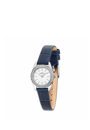 Orologio rotondo argento con quadrante bianco, lunetta in cristallo e cinturino in pelle blu scuro con fibbia.