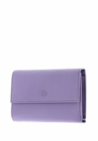Portefeuille en cuir violet à texture lisse, rabat pliant, logo embossé à l'avant et bords arrondis. Aucun élément métallique visible.