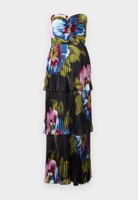 Robe sans bretelles plissée, présentant une base noire avec de grands motifs floraux en bleu, rose et vert, se déclinant en couches superposées.