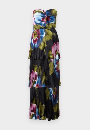 Strapless, pleated dress featuring a black base with large floral patterns in blue, pink, and green, cascading in tiered layers.
