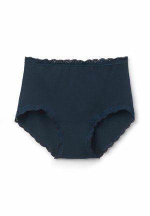Mutandine in cotone blu navy a vita alta con rifiniture in pizzo a scallop lungo la vita e le aperture delle gambe. Texture liscia, senza motivi.