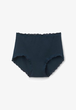 Navy blue cotton high-waisted underwear with scalloped lace trim along the waistband and leg openings. Smooth texture, no patterns.