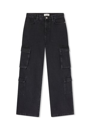 Pantaloni cargo in denim nero con un design a gamba larga, numerose tasche laterali e una chiusura a bottone classica. Tessuto testurizzato con una finitura opaca.