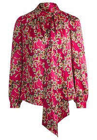 Langärmelige Bluse aus leuchtend pinkem Stoff mit floralen Mustern in Weiß und Gelb, einer Schleifenkragen und gerafften Schultern.