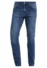 Blå denimjeans med en klassisk rak benklipp, med dragkedja, fem fickor och subtila blekningar för textur.