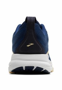 Blauer Mesh-Laufschuh mit gepolstertem Fersenbereich und weißer Zwischensohle. Verfügt über ein strukturiertes Obermaterial und ein goldenes Logo-Detail an der Ferse.
