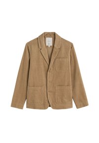 Brūns korduroja žakets ar izgriezuma apkakli, ar trim pogām un divām priekšējām kabatām. Strukturētu audumu ar redzamu ribu rakstu.
