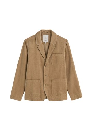 Hnedý kordový blejzer s vystrihom do špicu, trojicu gombíkov s uzáverom a dve predné vrecká. Texturovaná tkanina s viditeľným rebrovaným vzorom.