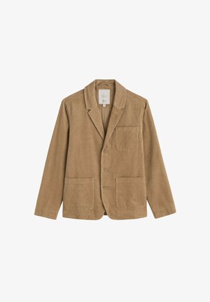 Bruine corduroy blazer met een notch lapel, drievoudige knoopsluiting en twee voorzakken. Gelaagd stof met zichtbare ribstructuur.