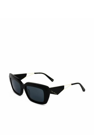 Occhiali da sole quadrati oversize neri con lenti scure e sottili dettagli dorati sulle aste, con il marchio Ted Baker sul lato.