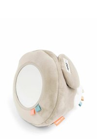 Pluche ronde spiegel in zachte beige stof. Heeft kleurrijke accenttags en een gladde reflecterende oppervlakte. Duurzaam, kindveilige ontwerp.