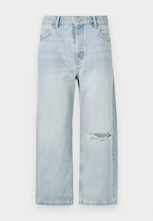 Lichtblauwe denim jeans met een relaxte pasvorm, met een scheur op de linker bovenbeen, klassieke vijf-pocket ontwerp en een knoopsluiting.
